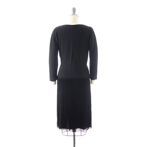 Vintage 1940s Dress 40s Fringe Tassels Black Rayon Long Sleeve Sheath Party - Picture 4 of 9